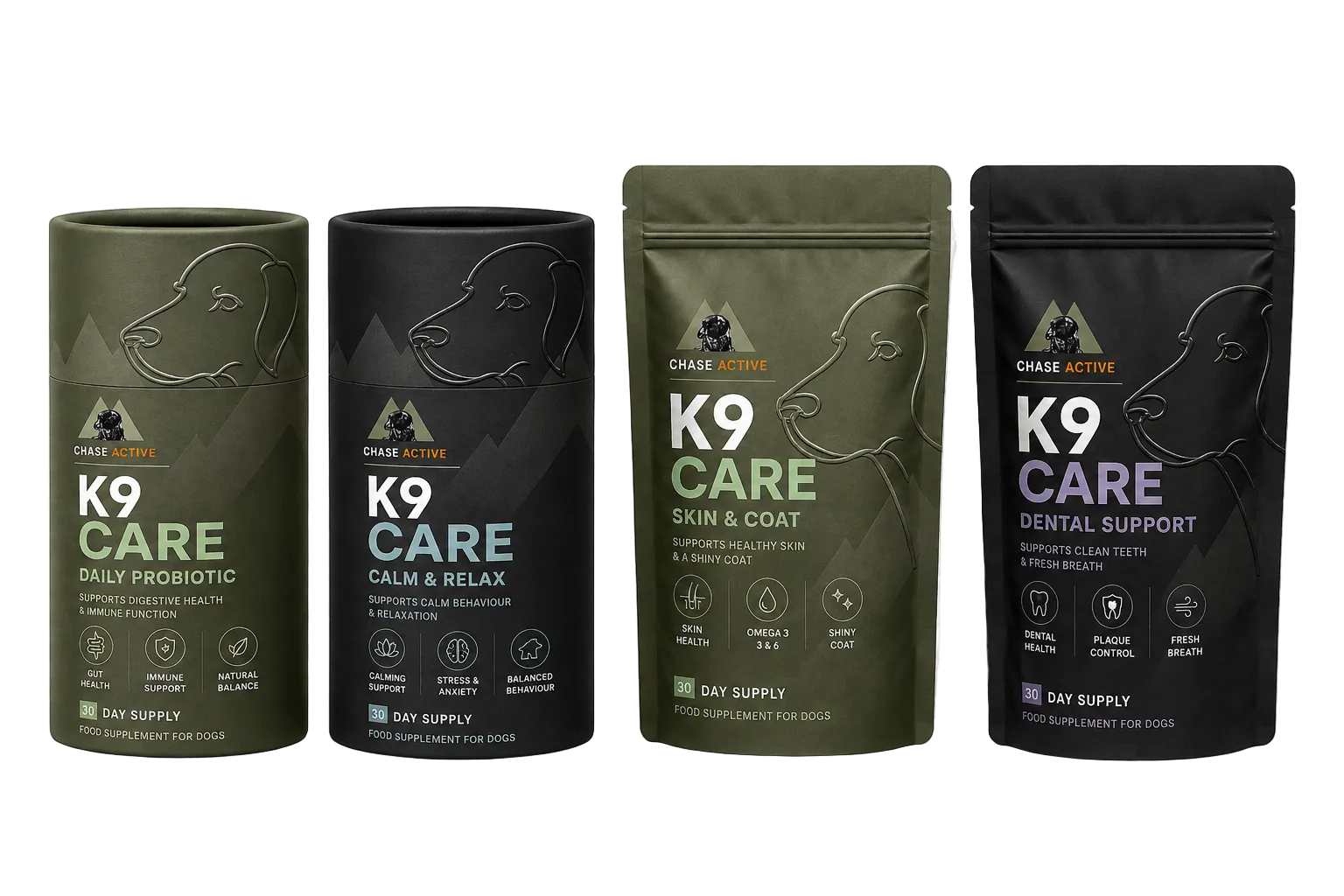 Four K9 Care product packages on a transparent background